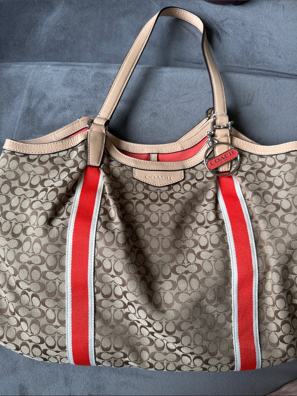 Coach Beige Signature Canvas Tote with Red Stripe Accents